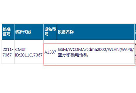 2011年电信iPhone 4S的核准信息