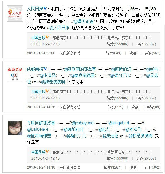 ,网民,粉丝,“中国足球”贺李娜很抢镜 “关你屁事”成核心词汇