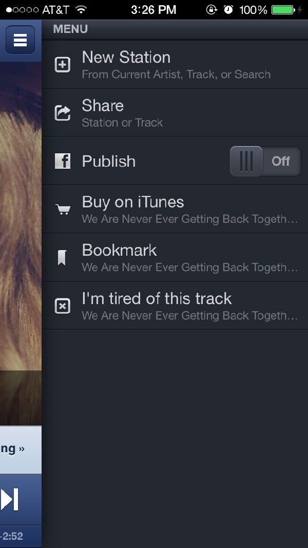 Pandora的歌曲操作选项 ,Apple,Facebook,Google,平板电脑,听或不听?那是一种选择:四大流媒体音乐服务比较