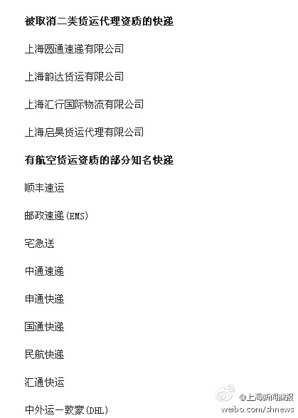 ,媒体人,微博记者站：圆通韵达等4家公司被取消空运资质