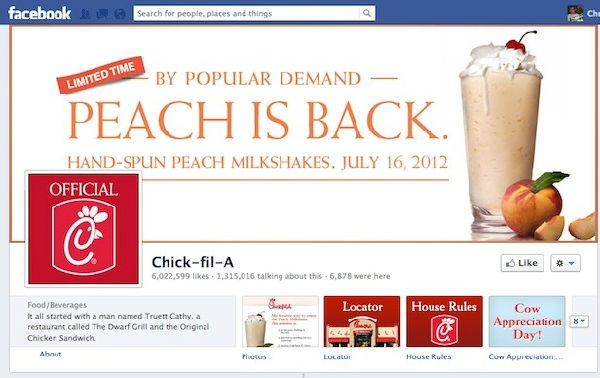 chick-fil-a-facebook_616.jpg ,粉丝,Facebook,美国第二大鸡肉快餐服务连锁店Chick-fil-A备受争议下跃升Facebook发展最快的品牌之一