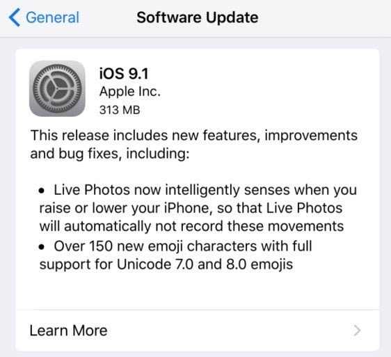 ,苹果,iPhone,苹果ios9.1系统升级，修复卡顿与漏洞新增萌表情