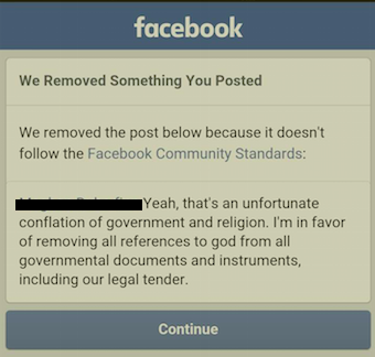 ,Facebook,Facebook移除了主张政教分离的文章