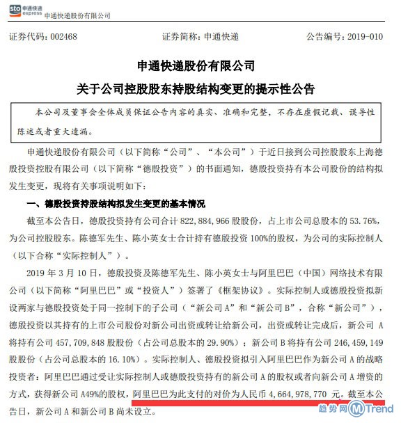 今日热点：阿里入股申通 信贷资金入市被罚