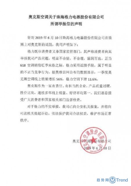 今日热点：奥克斯回应举报 格力举报奥克斯