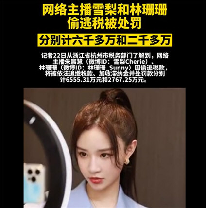 网红主播雪梨偷逃税被罚6555万