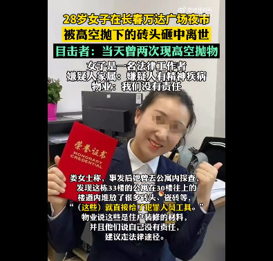 28岁女子被高空抛下砖头砸中离世