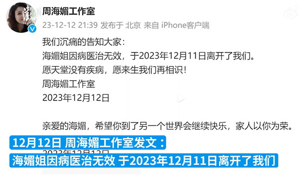 演员周海媚因病去世