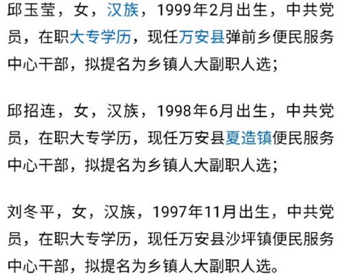 万安县公示3名95后女干部