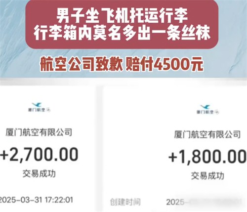 托运的行李箱多出条丝袜获赔4500元