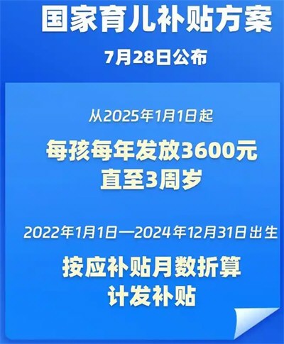 育儿补贴来了 3岁前每娃每年3600元