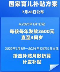 育儿补贴来了 3岁前每娃每年3600元 3岁以下婴幼儿每年补贴3600元