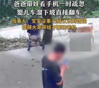 爸爸看手机婴儿车溜下坡翻车 三胎宝爸带娃翻车