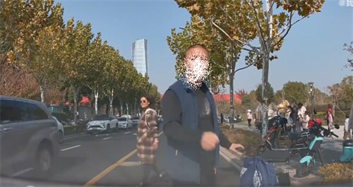 一家三口横穿马路爸爸竖中指挑衅